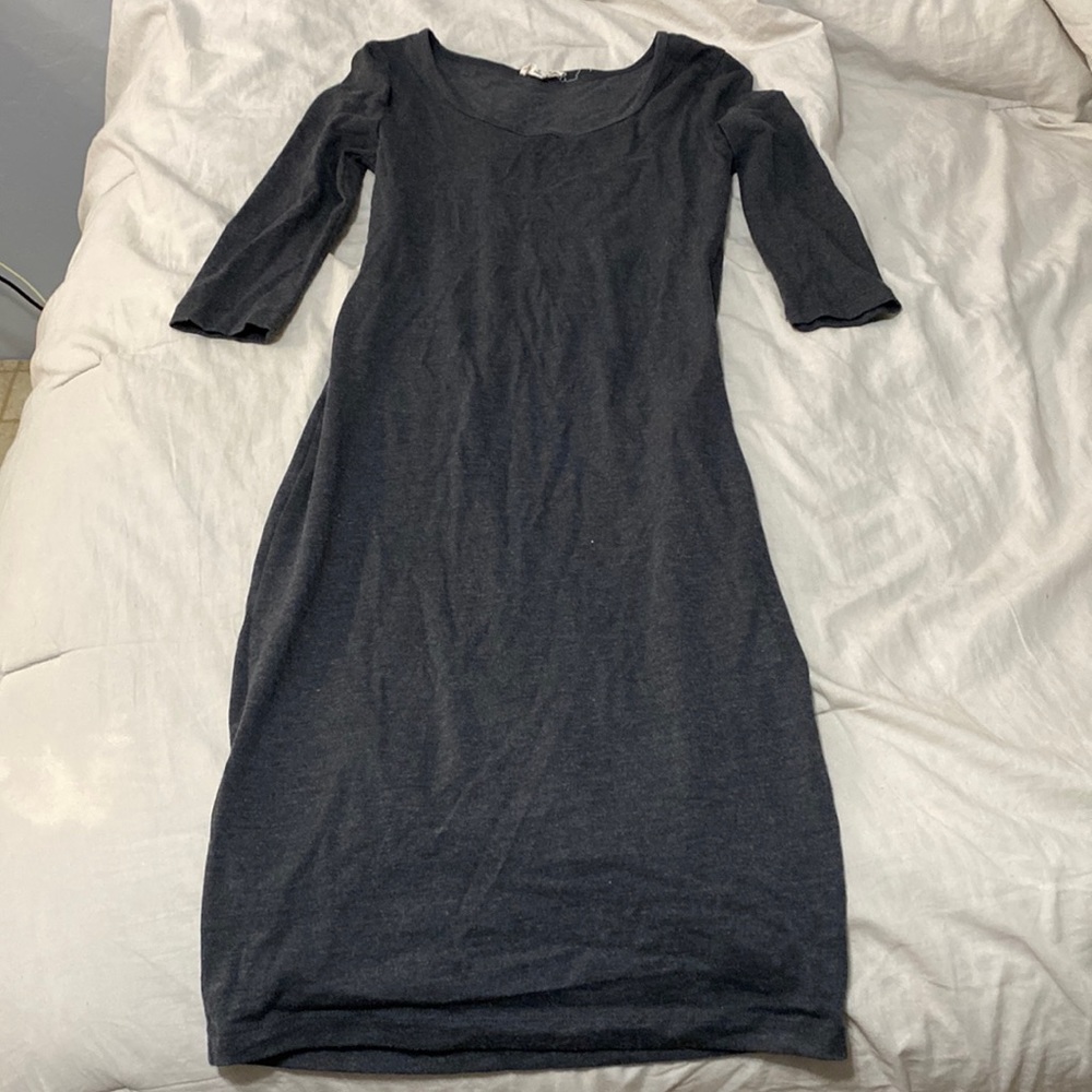 3/4 sleeve dark grey dress. Size s. Dress length goes past knees.